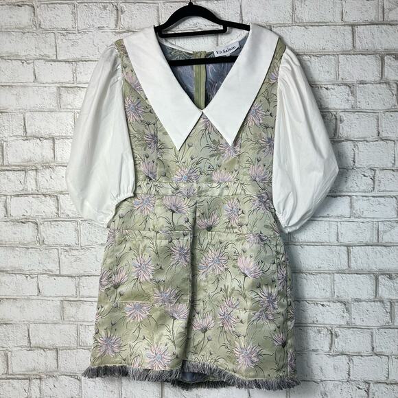 Anthropologie Floral Puff Sleeve Romper - Green and White - Picture 2 of 9